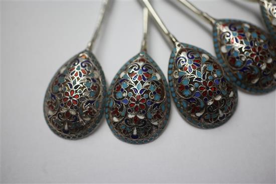 A set of six late 19th century Russian 84 zolotnik silver and cloisonne enamel spoons, 13.8cm.